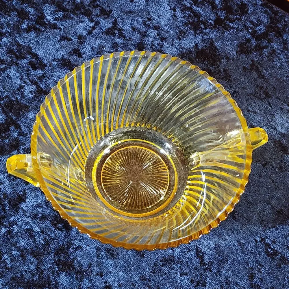 Vintage Amber Depression Glass Bowl -Art Deco Ribbed Serving Dish- Double Handle